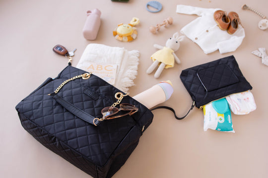Large quilted diaper tote bag for travel and organization